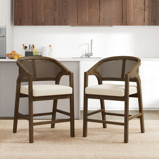 GDF Studio Rattan Back 24.25" Counter Stools, Wooden Frame, Walnut + Beige, Set of 2
