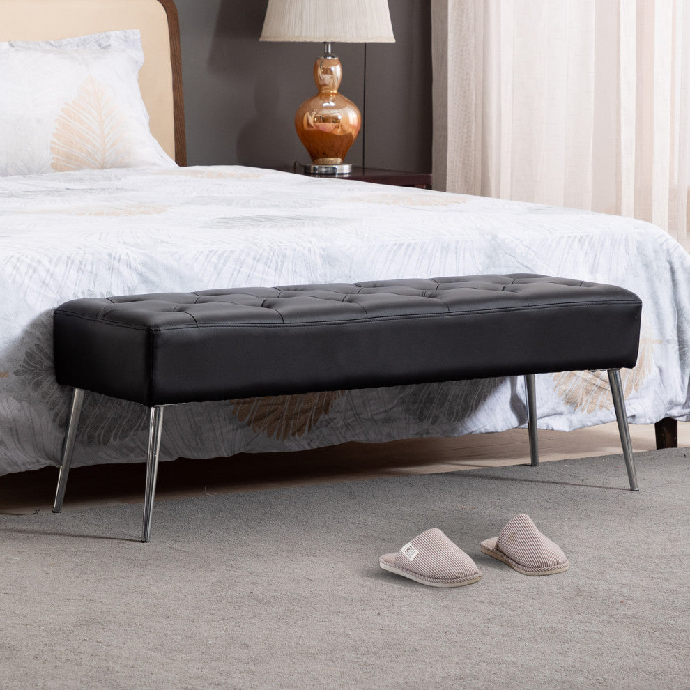 Button Tufts Bedroom Bench, Black-Pu Leather