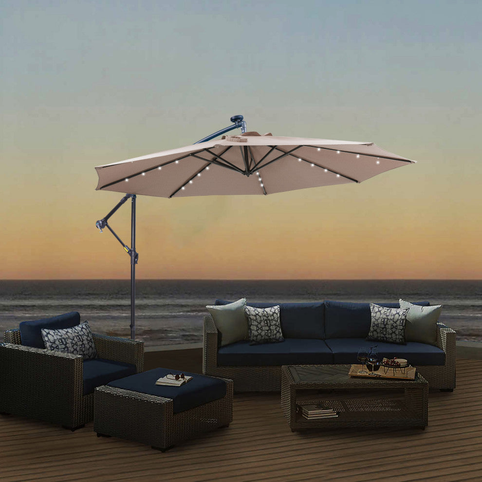 10' Steel Patio Hanging Cantilever Umbrella With 32 Solar LED Lights, Brown