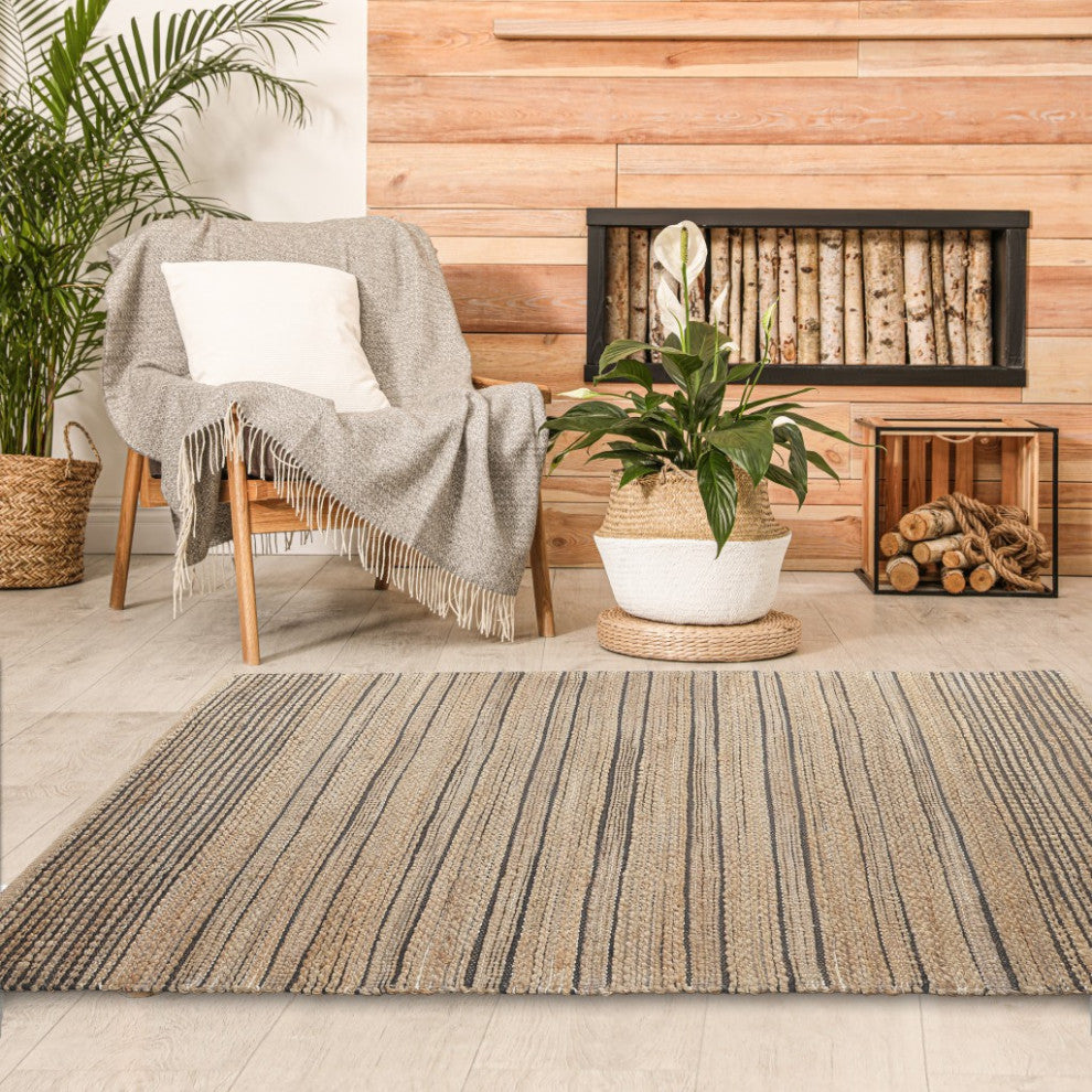 8" x 10" Tan and Black Eclectic Striped Area Rug