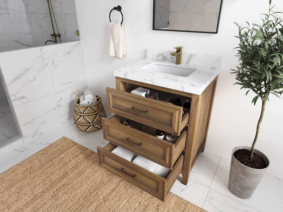 Santa Monica 30 Single Sink Bath Vanity in Graywashed Teak 2" Carrara Quartz