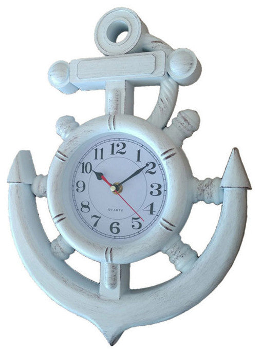 Whitewashed Ship Wheel and Anchor Wall Clock 15"