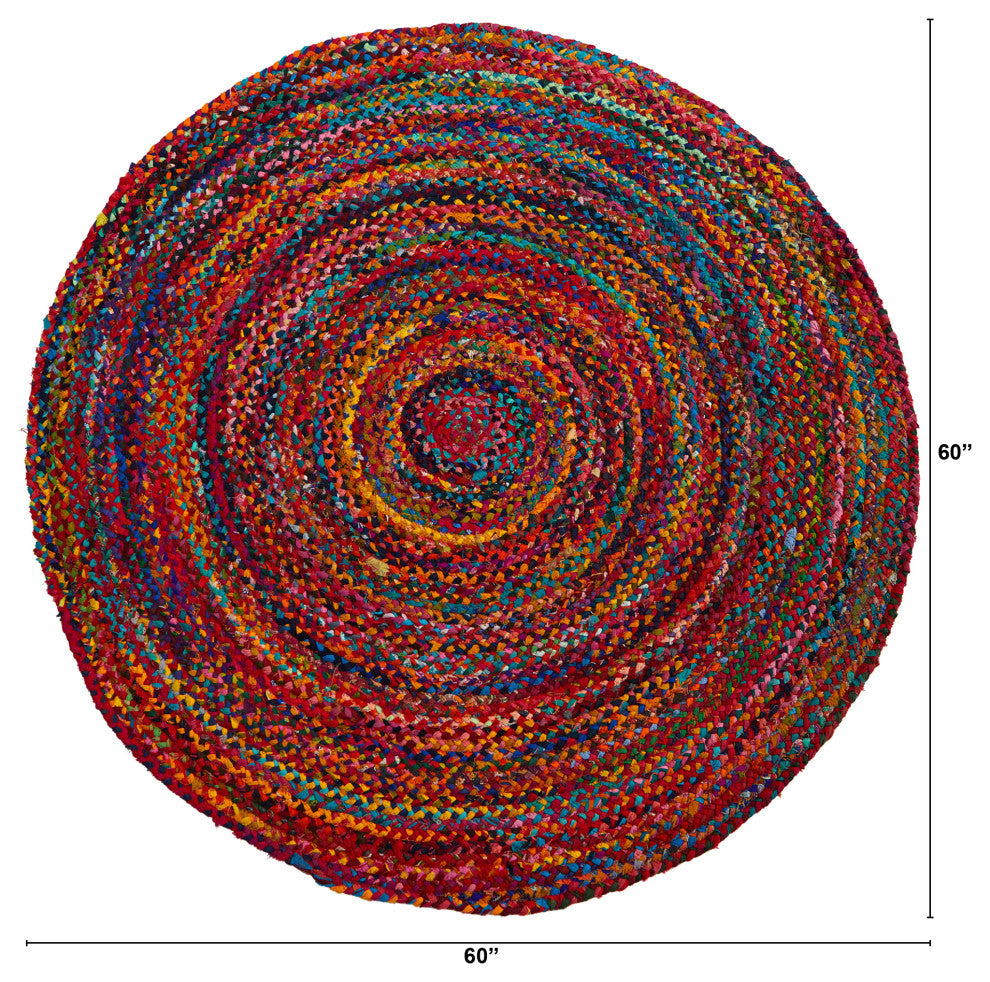 5' x 5' Hand Braided Boho Colorful Chindi Round Rug
