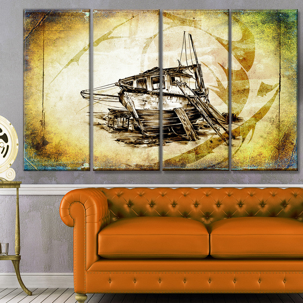 Drawing of Large Ancient Boat, Seashore Wall Art on Canvas, 48"x28", 4 Panels