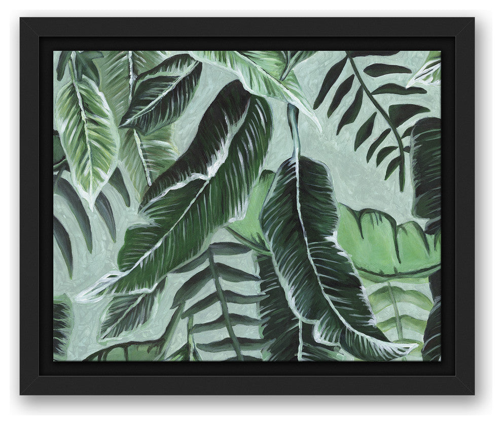 Green Shades Tropical Palm Leaves 8x10 Black Floating Framed Canvas