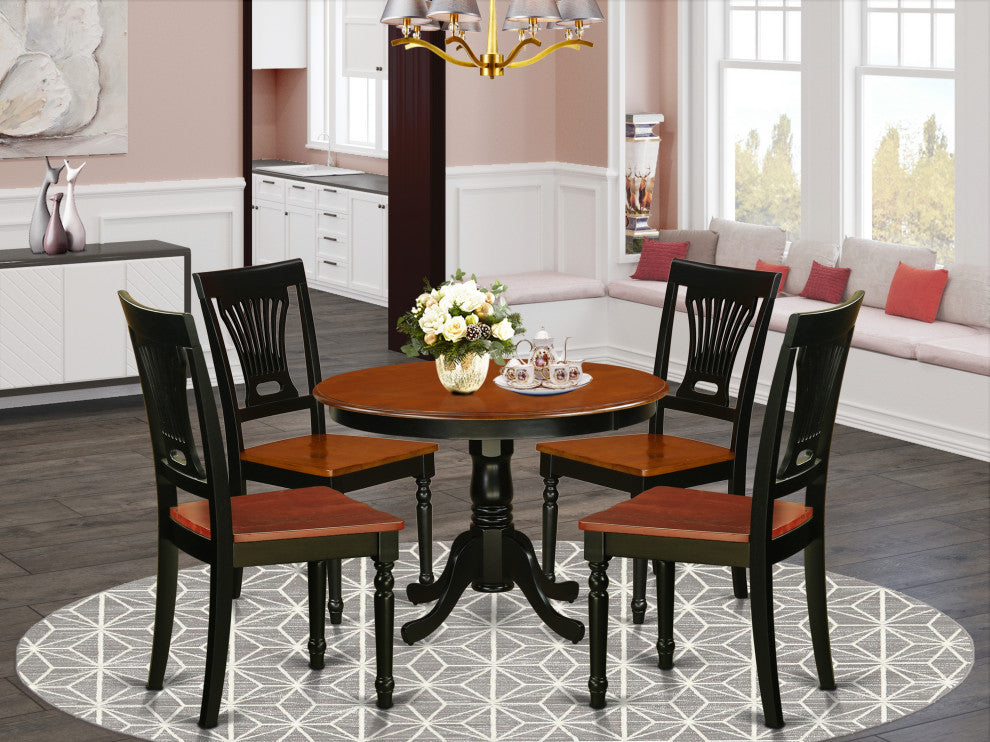 5 Pc Set, Round Small Table And 4 Wood Dinette Chairs In Black And Cherry
