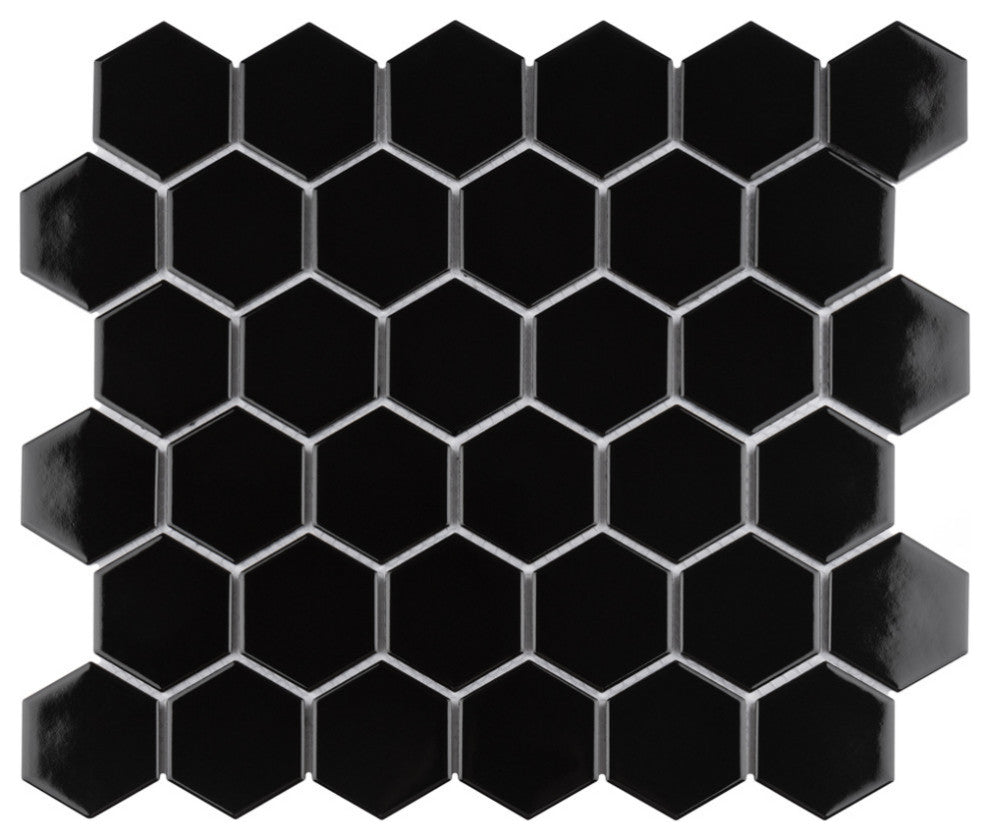Metro 2" Hex Glossy Black Porcelain Floor and Wall Tile