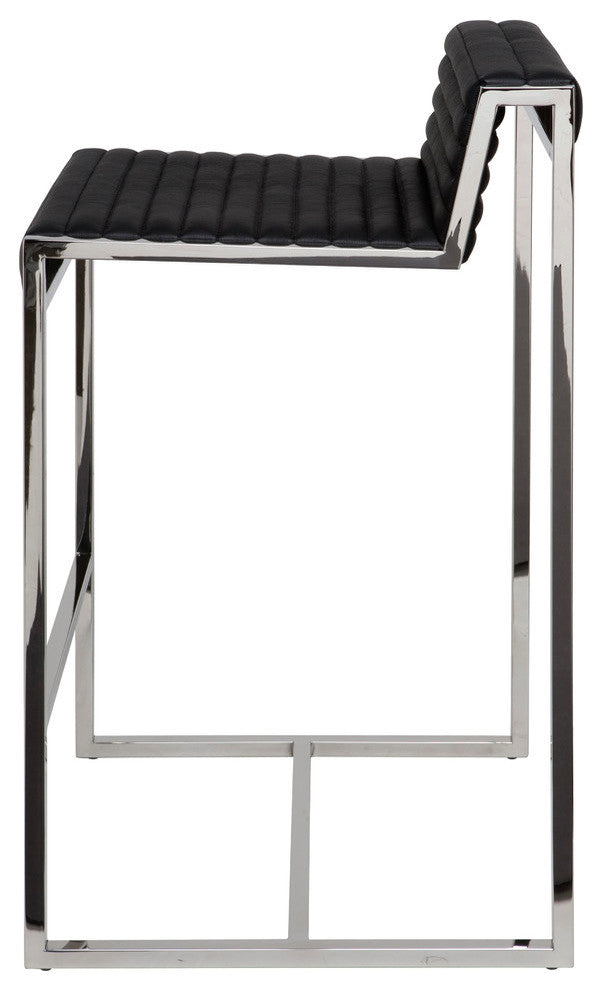Zola Leather Bar Stool with Polished Stainless Steel Frame, Black Leather