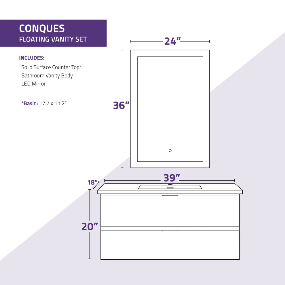 Conques 39" Wall Mount Bathroom Vanity Set, Rich White