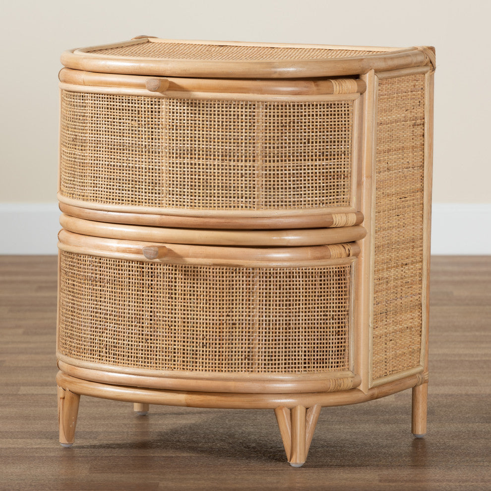 Oleta Modern Bohemian Natural Brown Rattan 2-Drawer Nightstand