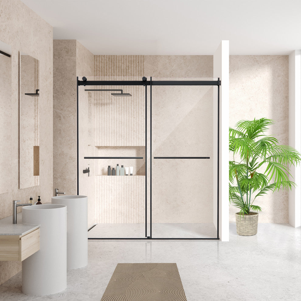 Frameless Exposed Roller Shower Door, Clear Glass, Matte Black, 68" W X 76" H
