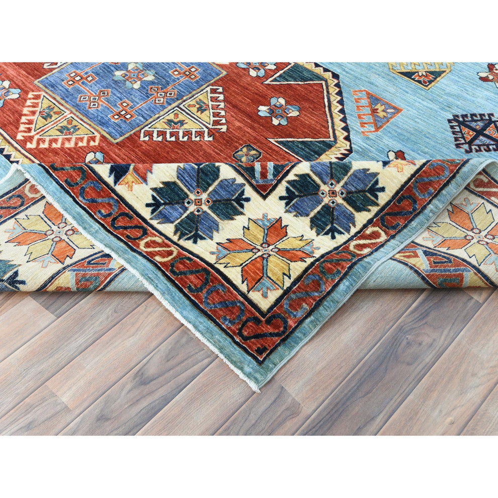 Sky Blue, Caucasian Design 200 KPSI Wool Hand Knotted Oriental Rug, 9'x11'8"