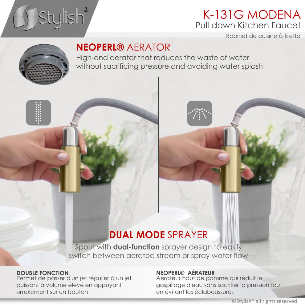 K131GK142G Single Handle Pull Down Kitchen Faucet With Cold Water Tap, Gold