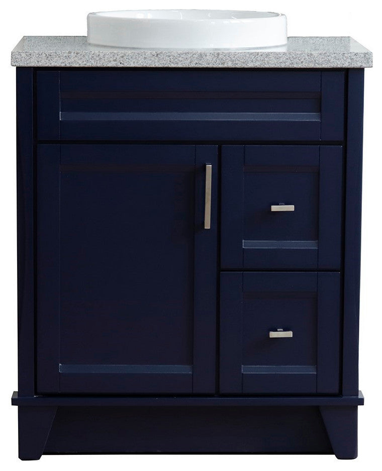 31" Single Sink Vanity, Blue Finish With Gray Granite With Round Sink