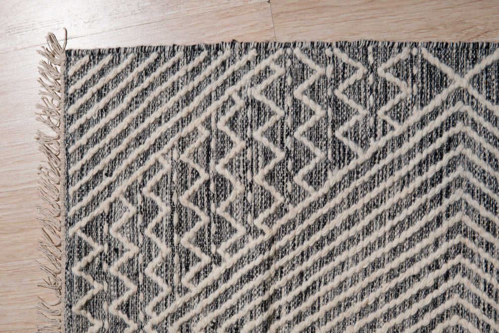 Handwoven Wool Black Contemporary Geometric Punja Killim Rug, 2'x8'