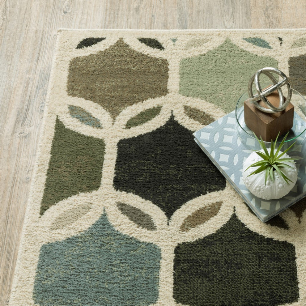 Ivory Gray Woven Geometric Circles Indoor Runner Rug