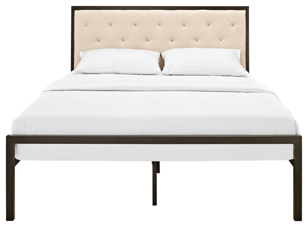 Mia Queen Fabric Bed, Brown Beige