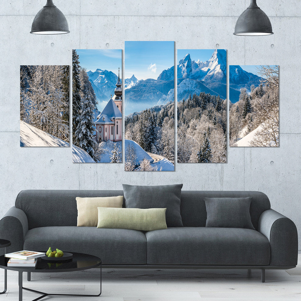 Winter in the Bavarian Alps, Landscape Canvas Art Print, 60"x32", 5 Panels