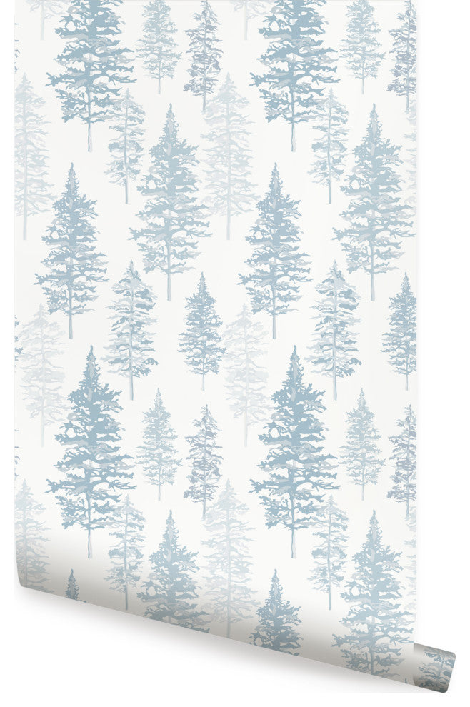 Illustrated Evergreen Forest Peel and Stick Vinyl Wallpaper, Winter Blue, 24"x108"