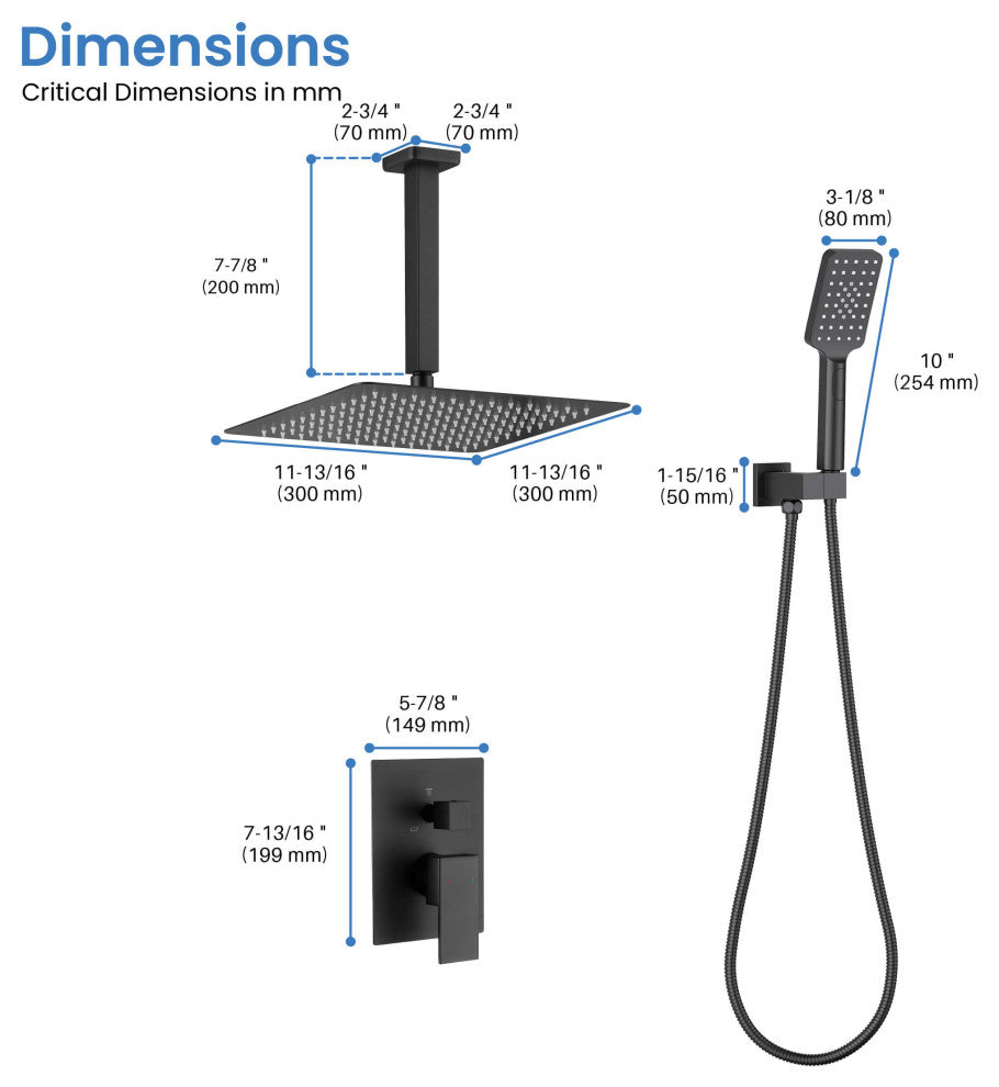 Ceiling Mounted 2-Function Shower System, Rough, Valve, Matte Black