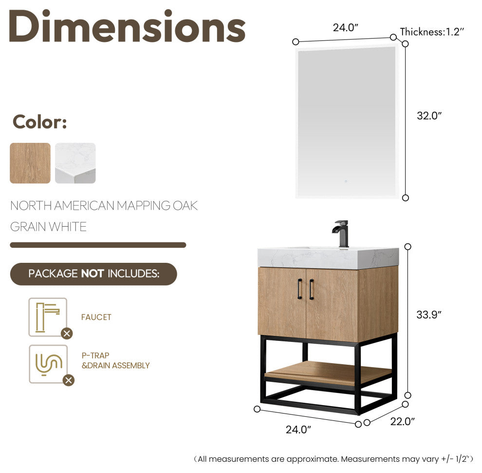 Alistair Vanity, North American Oak, Matte Black Hardware, 24", With Mirror