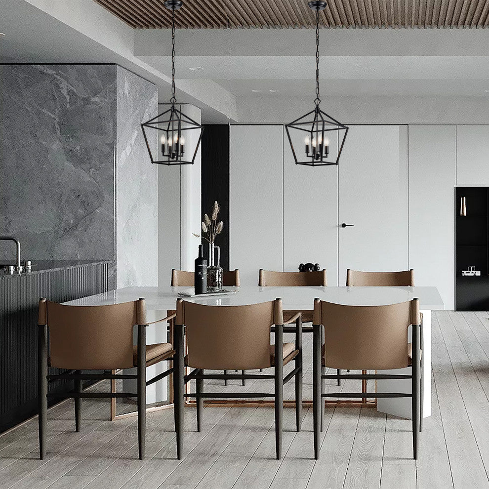 4-Light Matte Black Lantern Pendant Chandelier 12in. With Nickle or Black Sleeve