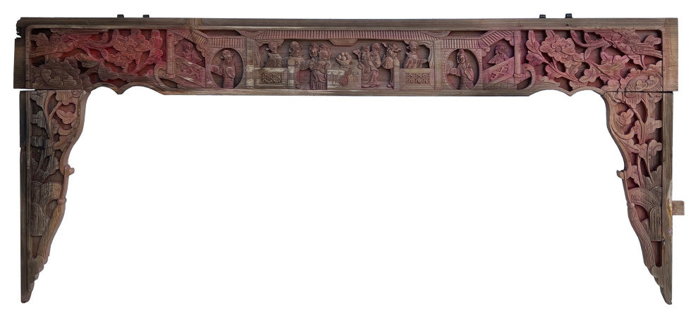 Chinese Vintage Relief Scenery Carving Arch Shape Wood Wall Art Hws3107