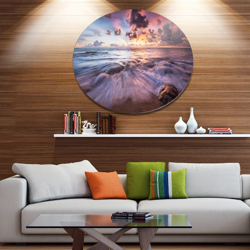 Beautiful Sea Waves At Sunset, Beach Round Metal Wall Art, 11"