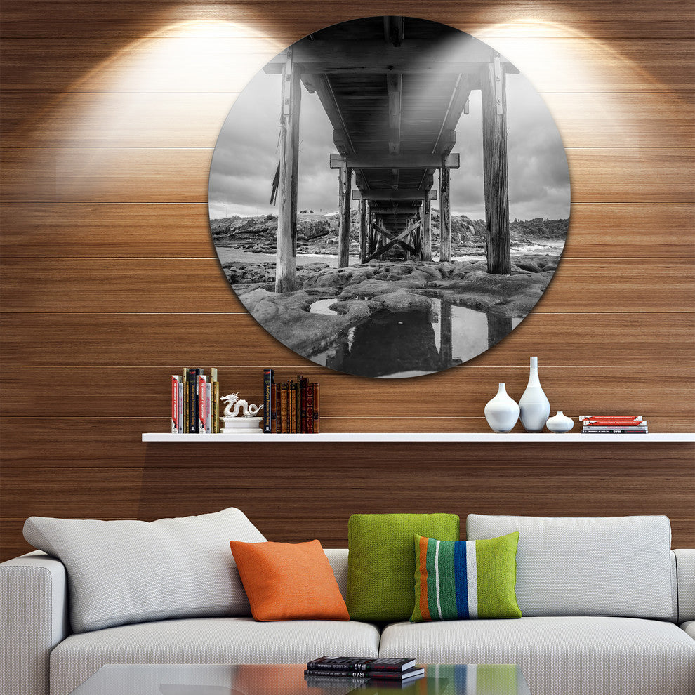 Black And White Wooden Bridge, Sea Bridge Round Metal Wall Art, 23"