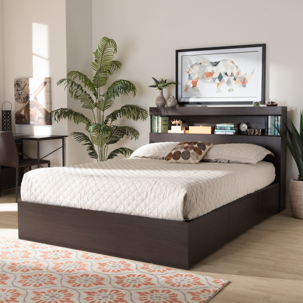 Elkton Walnut Finish Mid Century Platform Bed With Storage, Queen