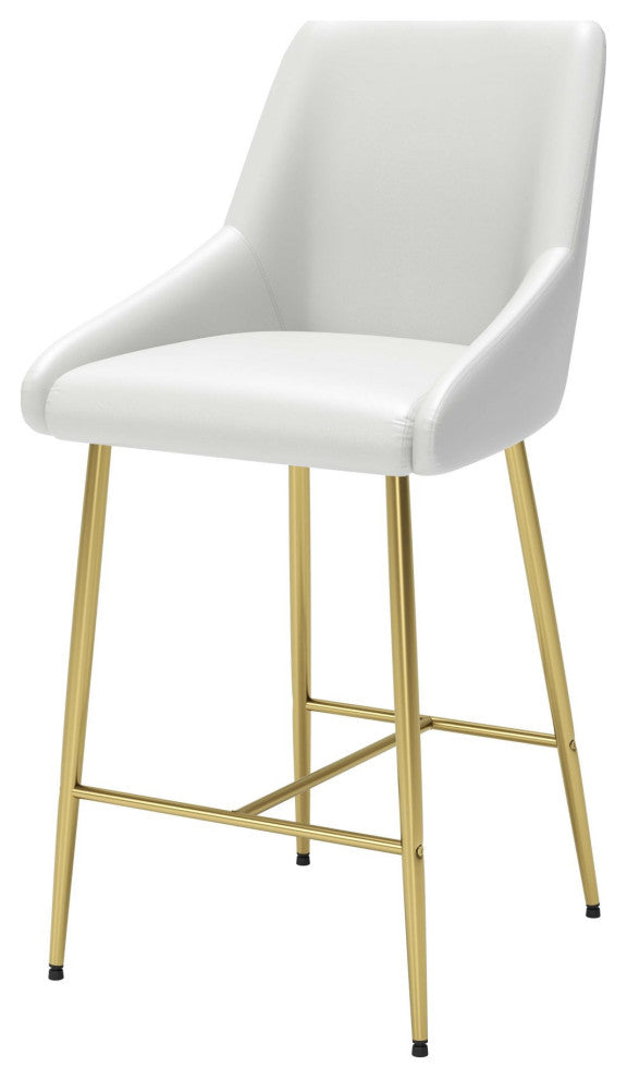 Counter Stool Chair, Faux Vinyl Leather, Steel, White, Gold, Cafe Bistro