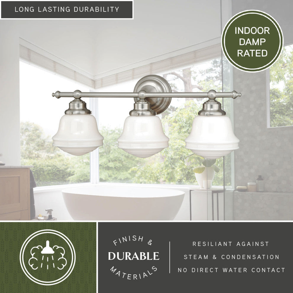 Huntley 3-Light Vanity Milk Glass Satin Nickel
