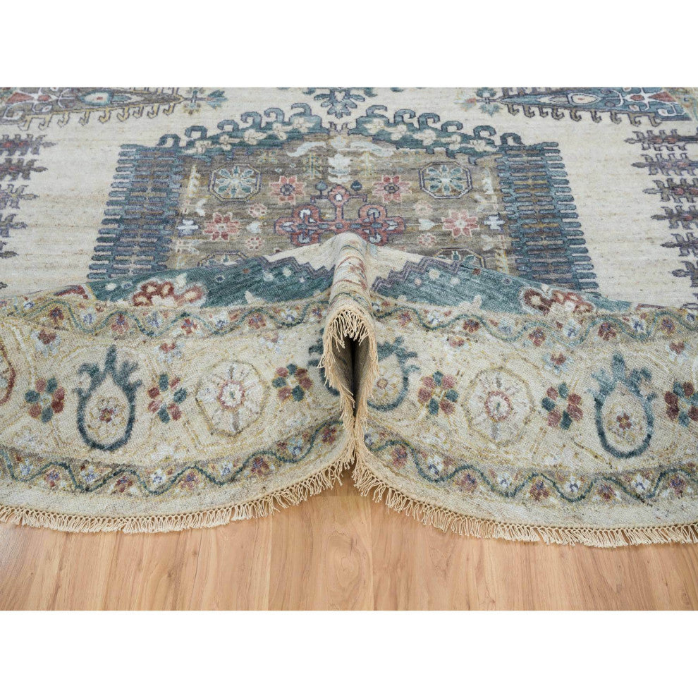 Ivory Wool Hand Knotted Reimagined Persian Viss Round Oriental Rug, 9'9"x9'9"