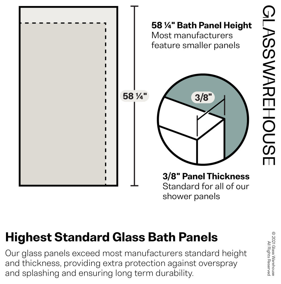 34"x58.25" Frameless Bathtub Shower Door Single Fixed Panel Radius, Satin Brass