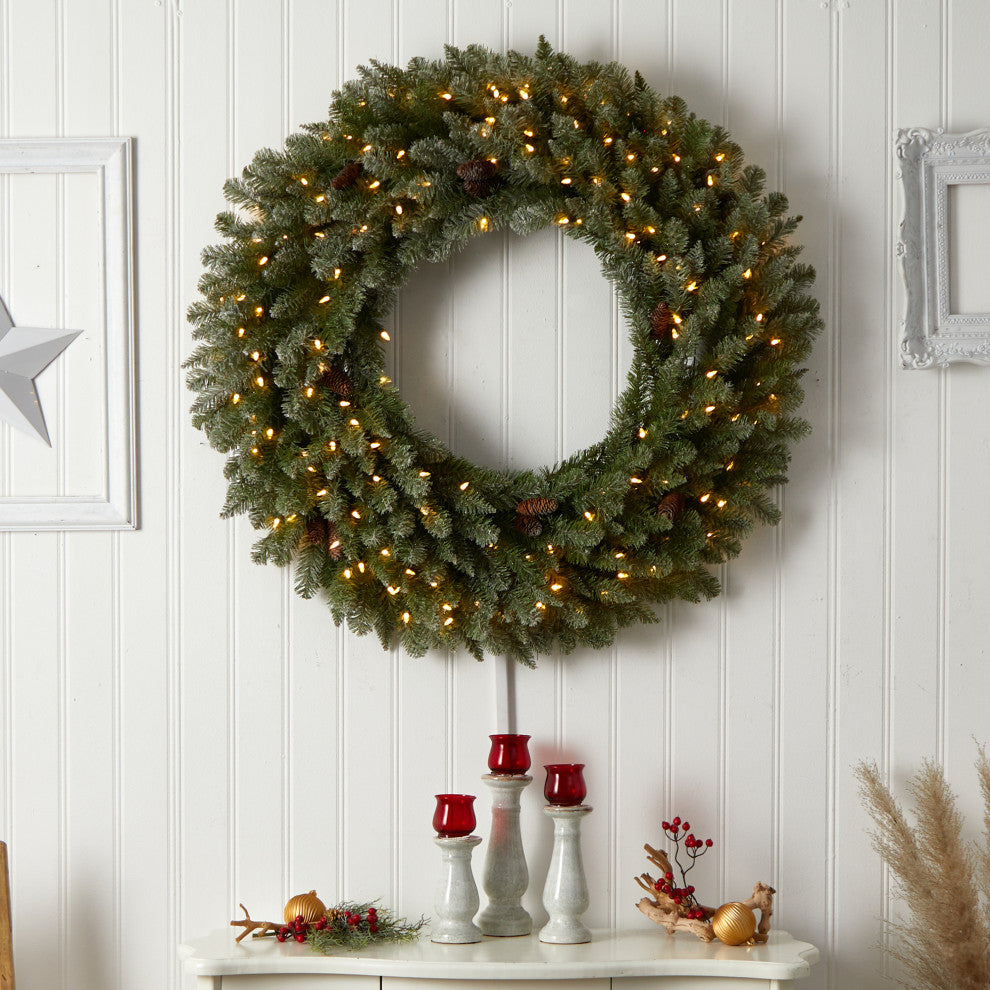 4ft. Large Flocked Faux Xmas Wreath W/Pinecone, Clear Lights & Bendable Branches