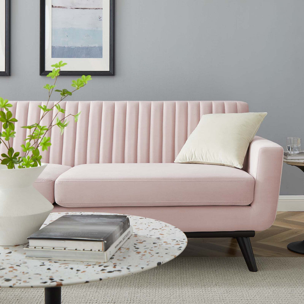 Tufted Sofa, Velvet, Pink, Modern, Living Lounge Room Hotel Lobby Hospitality