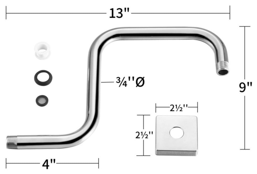 MODONA's Goosneck SQUARE Rain Shower Arm, Polished Chrome