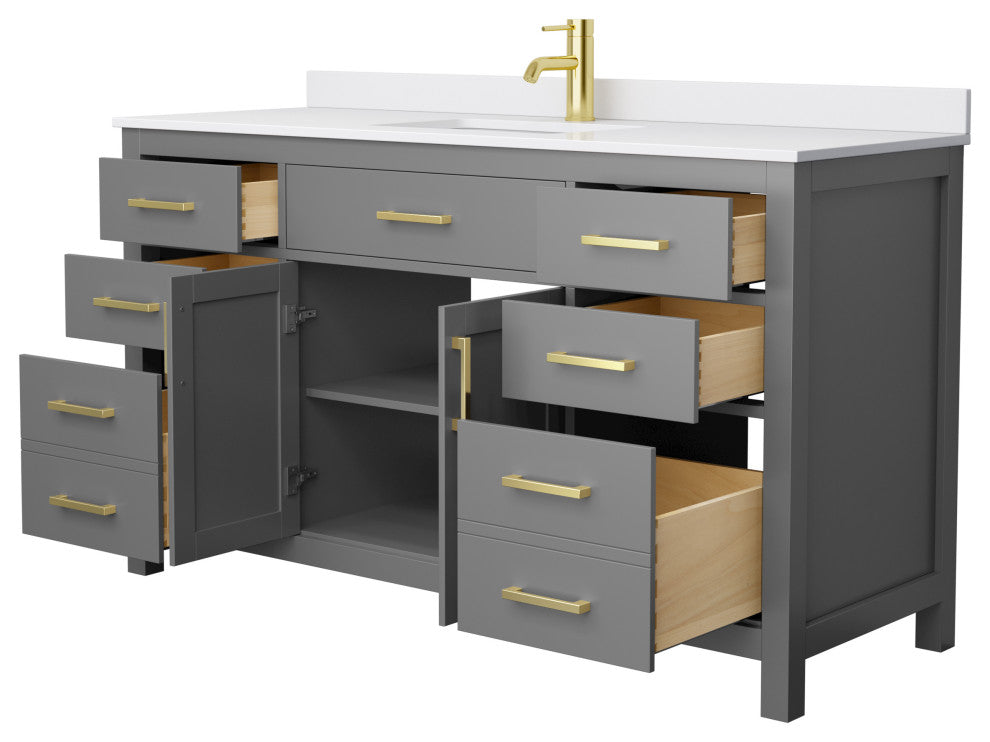 60" Single Bath Vanity Dark Gray, White Cult. Marble Countertop, Sink, Gold Trim