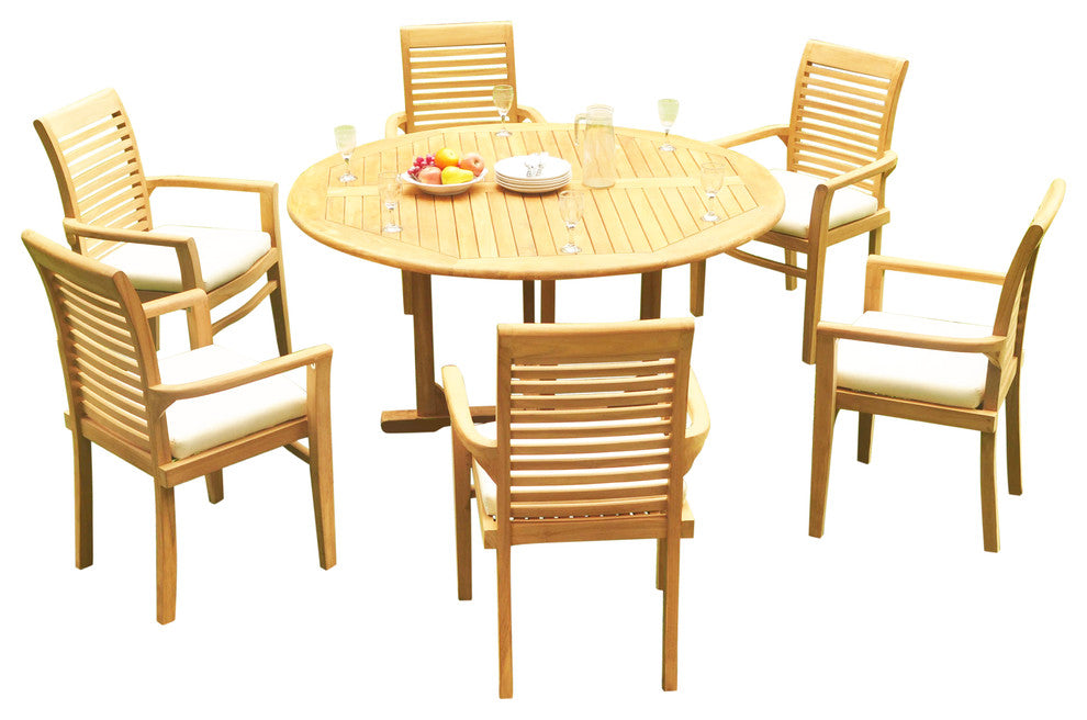 7-Piece Outdoor Teak Dining Set: 60" Round Table, 6 Mas Stacking Arm Chairs