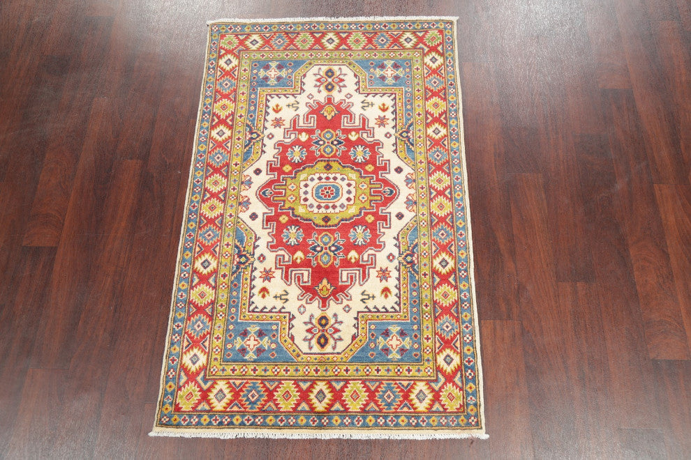 Oriental Kazak Traditional Hand Made Pakistani Area Rug, Beige, 5'1"x3'2