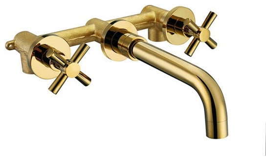 Rennes Polished Gold Finish Wall Mount Dual Cross Handle Bathroom Faucet