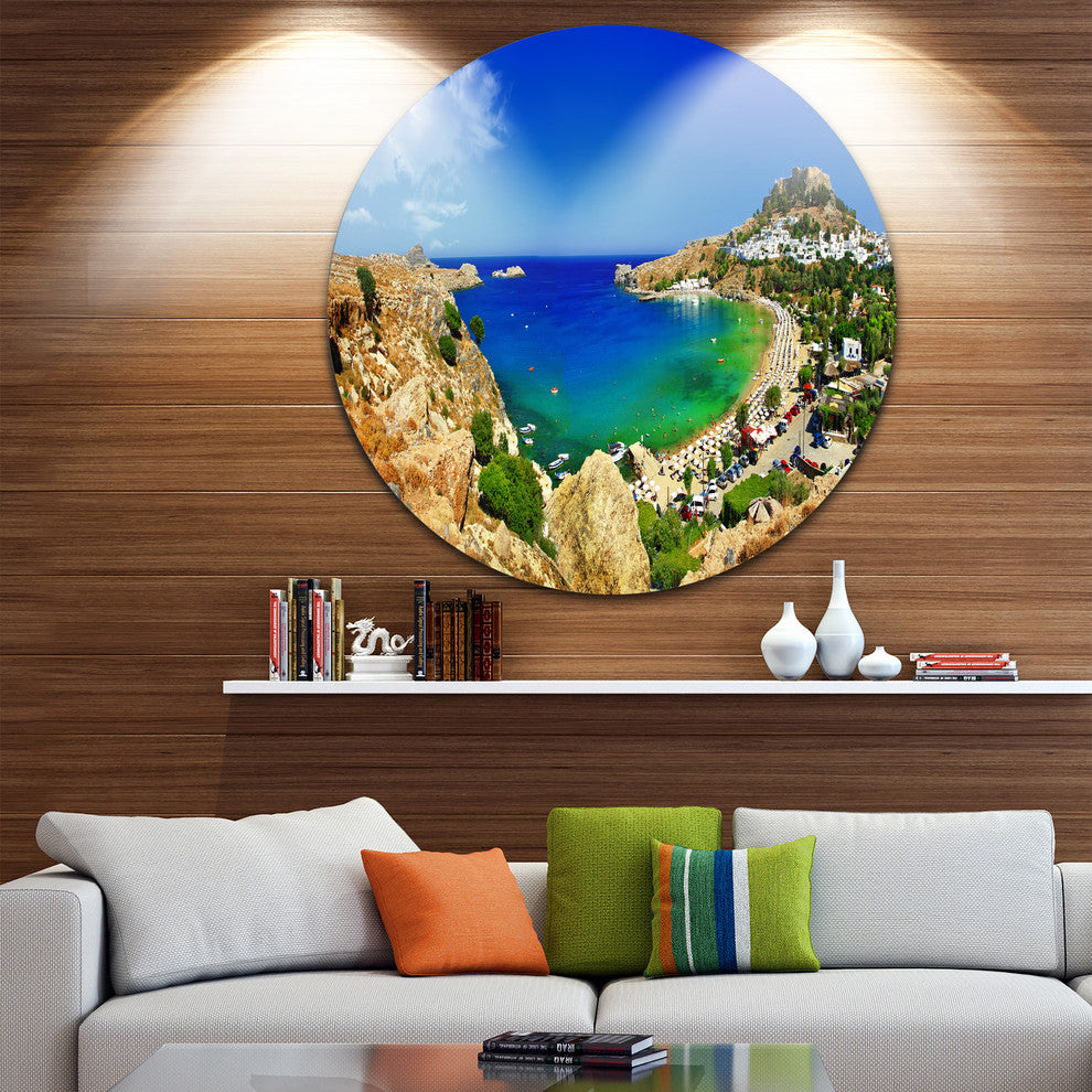 Lindos Bay Greece Panorama, Landscape Photo Disc Metal Wall Art, 11"