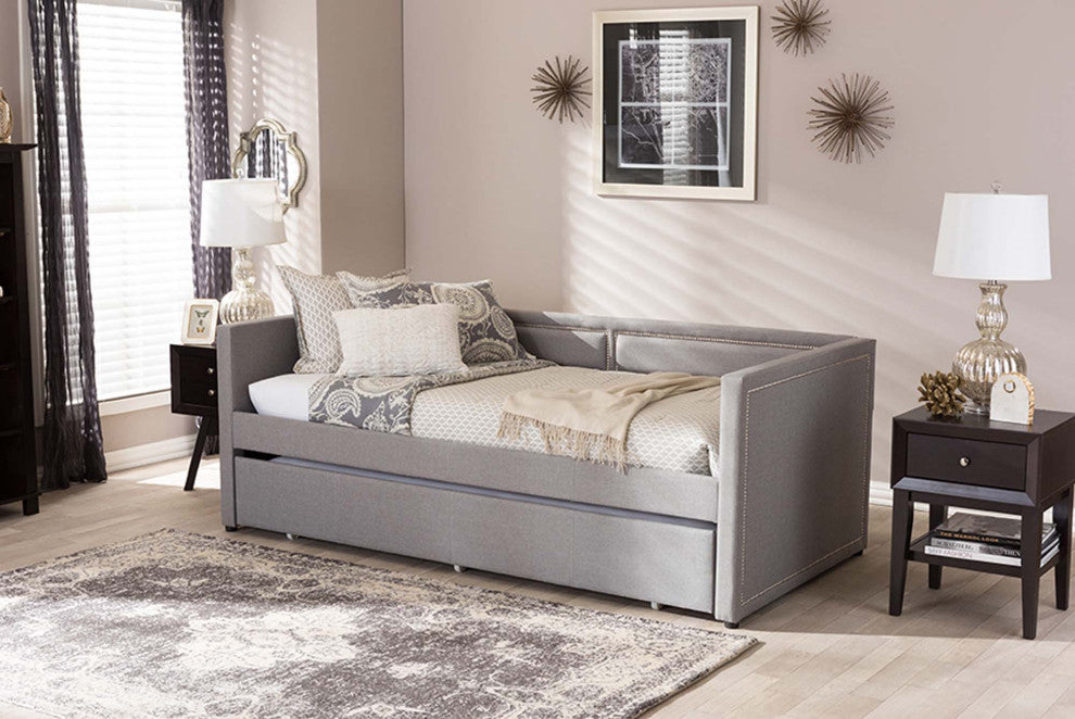 Keegan Linen Fabric Nail Heads Trimmed Sofa Twin Daybed With Trundle, Gray