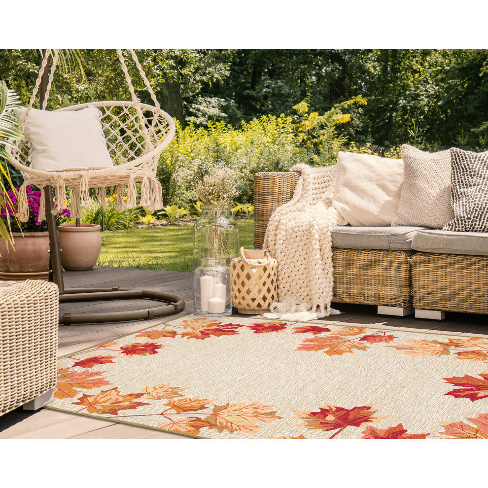 Ravella Falling Leaves Border Indoor/Outdoor Rug Natural 5'x7'6"