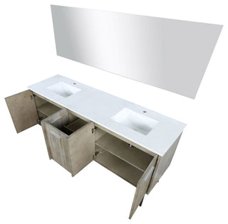 Lancy 72" Rustic Acacia DB Vanity, White Quartz Top, Square Sinks, 70" Mirror
