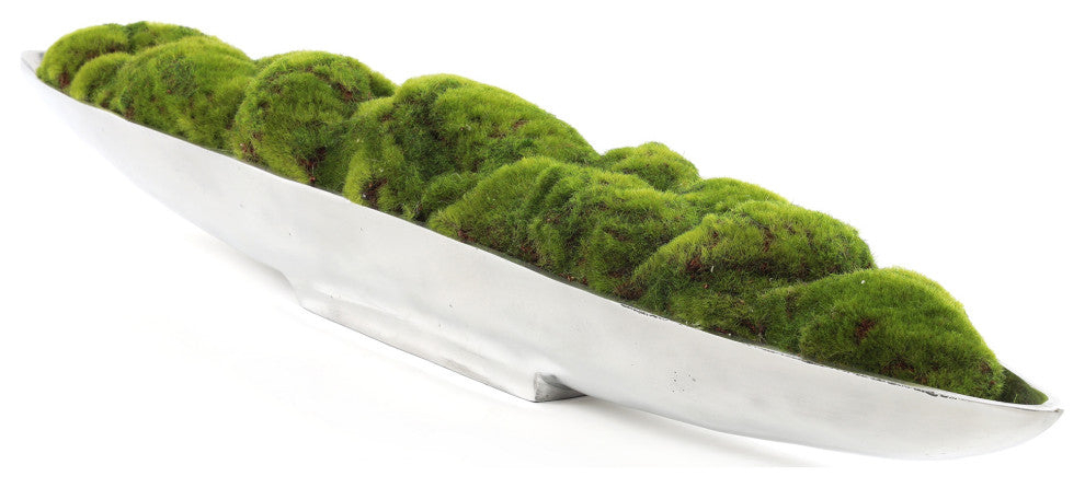 Faux Green Grass Moss Arrangement in Large Metal Boat Tray
