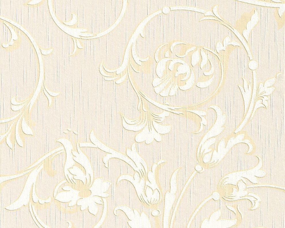 Tessuto, Baroque Fabric Cream Wallpaper Roll, Wall Decor Accent