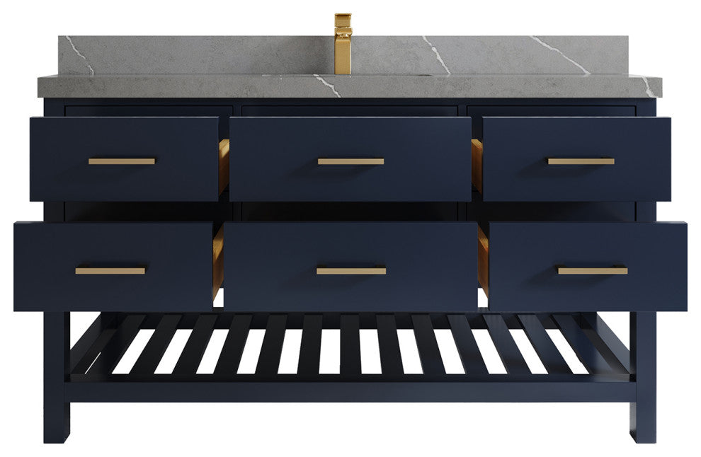 Parker 60 Single Sink Bathroom Vanity in Navy Blue  2" Piatra Gray