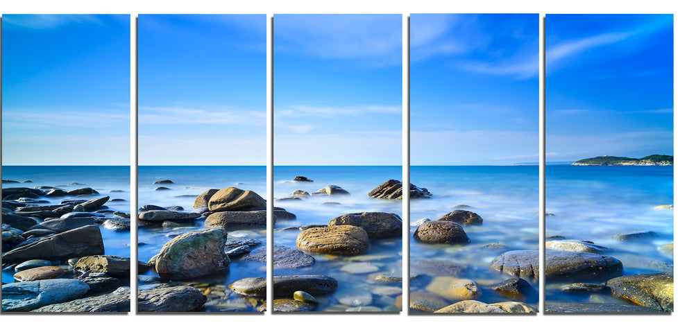 "Baratti Bay Rocks in Waters At Sunset" Seashore Wall Art, 5 Panels, 60"x28"