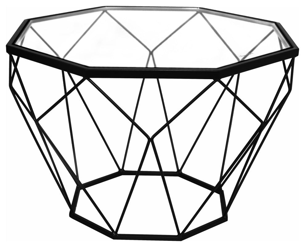 LeisureMod Malibu Modern Octagon Glass Top Coffee Table With Geometric Base